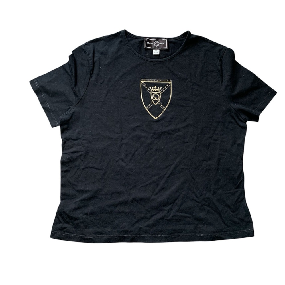 Vintage St. John Sport by Marie Gray Black T-Shirt with Gold Emblem L